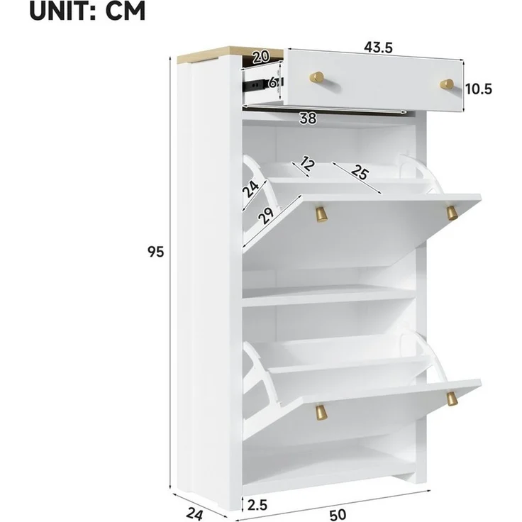 Celya Schuhschrank mit 1 Schublade und 2 Klappen (mit verstellbaren Einlegeböden und Metallgriffen) Ideal für Flur und Eingangsbereich – Bild 2