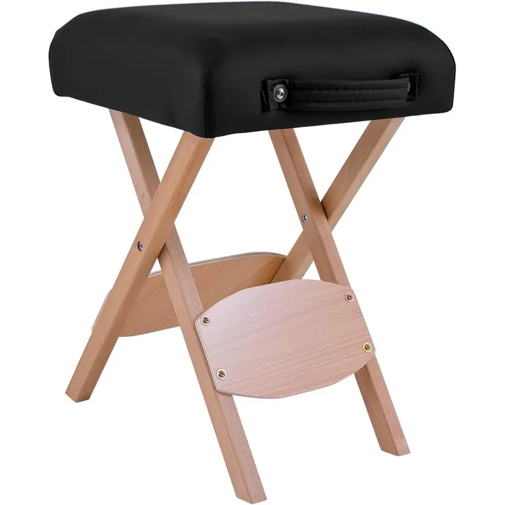 QUIRUMED Klapphocker aus Holz mit Sitz, gepolstert in schwarzer Farbe, vielseitig einsetzbar, Beistelltisch, Fußstütze, Kunstleder, transportabel, bis 100 kg, 33 x 33 x 48