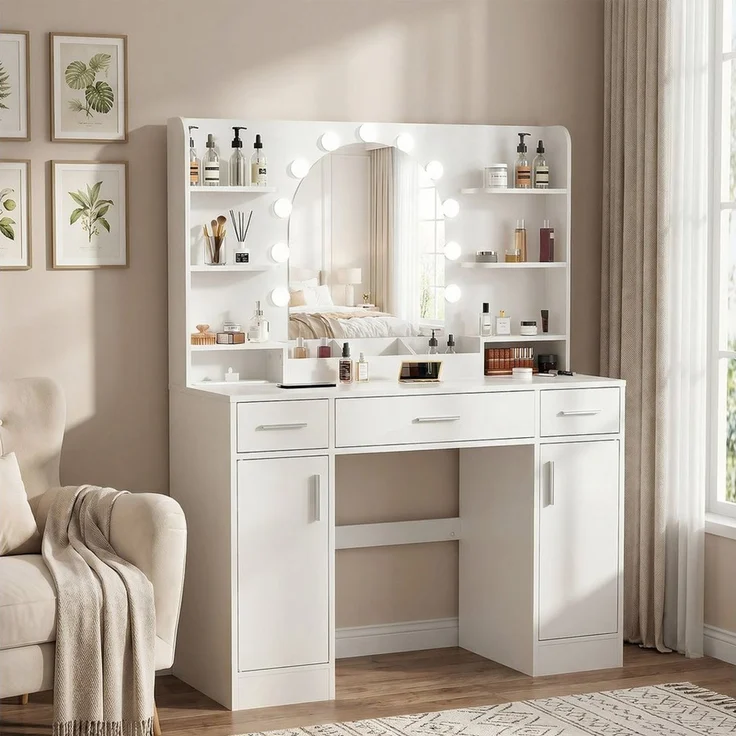 oyajia Schminktisch 110*40*140CM Frisiertisch mit 2 AC-Steckdosen, 1 USB-A und 1 USB-C (Frisiertisch weiß mit Spiegel), Mit LED-Beleuchtung, 3 Schubladen, 6 Fächer – Bild 3