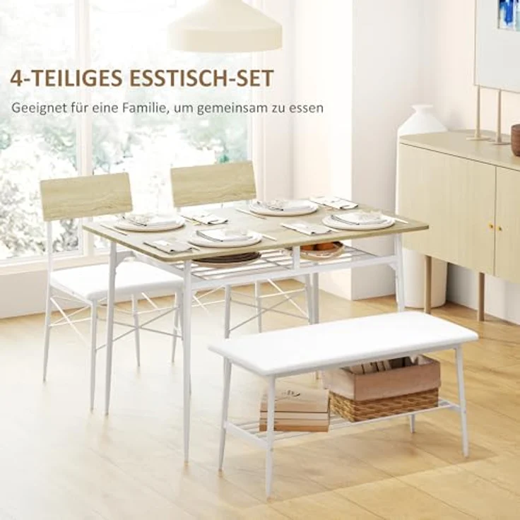 HOMCOM Esstisch-Set, rechteckig aus Eiche und Metall, 110x75x70 cm, inkl. 2 Stühlen und Bank, abgerundete Ecken, praktische Ablagefächer, Kunstlederbezug, für Esszimmer und kleine Küchen – Bild 3