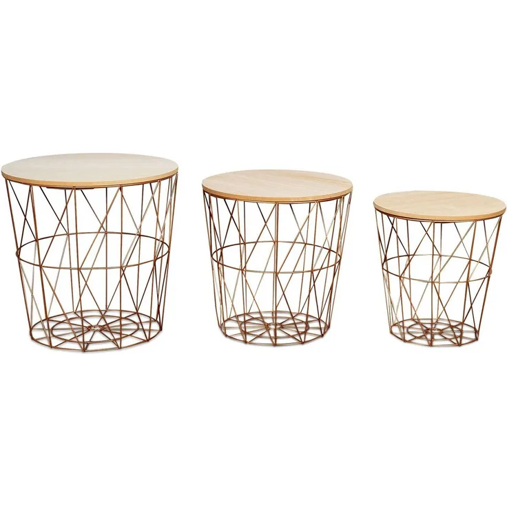 levandeo 3er Set Beistelltisch Metall Metallkorb Drahtkorb Kupfer Couchtisch Deckel Aufbewahrung Design Deko Tisch