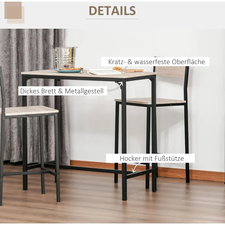 Bartisch mit 2 Stühlen 3-teiliges Tischset Barstuhl MDF in Natur und Schwarz 89x45x87cm für Küche und Essbereich--Natürlich--89x45x87cm--YOUDENOVA – Bild 4
