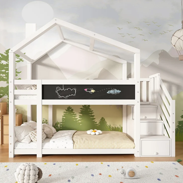 Kinder Hochbett Baumhaus mit Schubladen und Wandtafel, Weiß 90×200 cm, Etagenbett mit Treppe, Massivholz – Bild 4