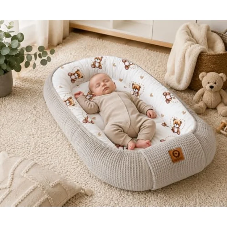 Babynestchen Neugeborene – Nestchen Baby aus Waffel Baumwolle & Baumwollstoff – Babynest für Babybett & Kinderbett – Baby Kokon Tragbar – OEKO-TEX zertifiziert – Zubehör für Babybett - Bärchen + Sand – Bild 2