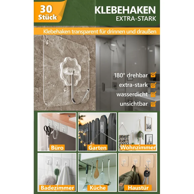Lindenstein Transparente Outdoor-Klebehaken 30er-Set – 180° drehbar, für Wand und Decke – Bild 2