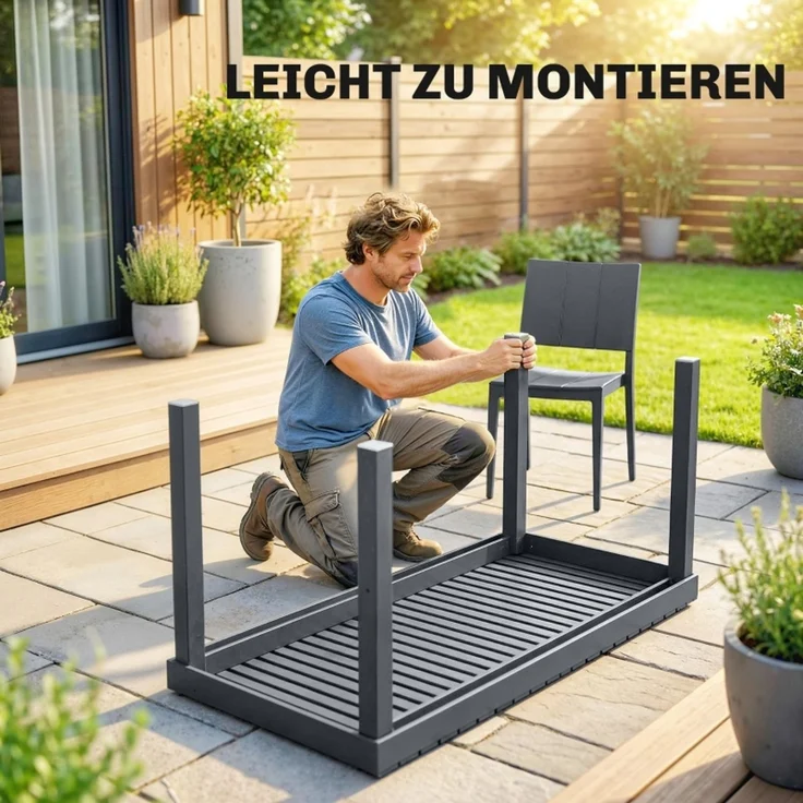 Gartenmöbel Set Sitzgruppe 5-teilig Breiter Tisch mit 4 Stapelstühlen Lamelldesign für 4 Personen – Bild 7