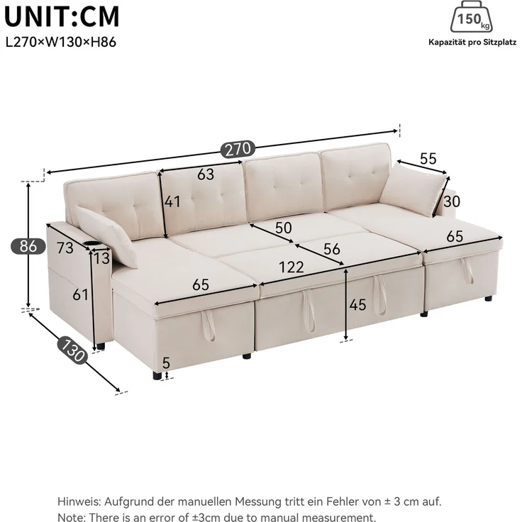 U-förmiges Schlafsofa Baumwoll-Leinen Beige, 270x130x86 cm, mit Stauraum & Getränkehalter – Bild 10