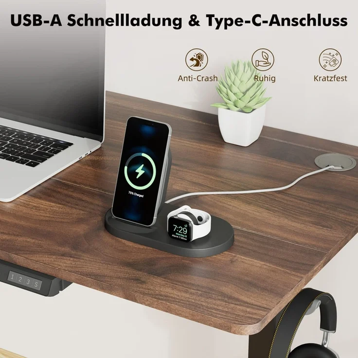 HOMAVO höhenverstellbarer Schreibtisch 70×140 cm, mit Memory- und Anti-Kollisionsfunktion, USB-A- und USB-C-Anschlüssen, Höhe 70–120 cm, Nussbaum – Bild 5