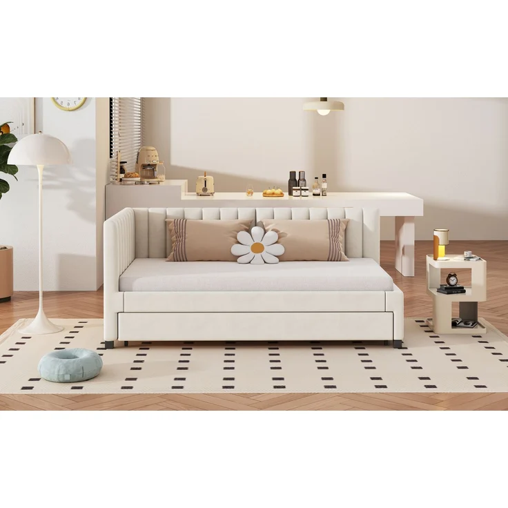 Polsterbett, 90 x 200, Ausziehbares Schlafsofa, Multifunktionsbett mit Lattenrost, Jugendbetten Kinderbetten Gästebetten, Samtstoff, Beige, 90 x 200 cm – Bild 9