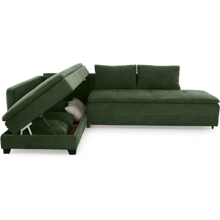 Ecksofa-Dauerschläfer Doppelbett Federkern Bettkasten Regal Couch in Cord Grün – Bild 7