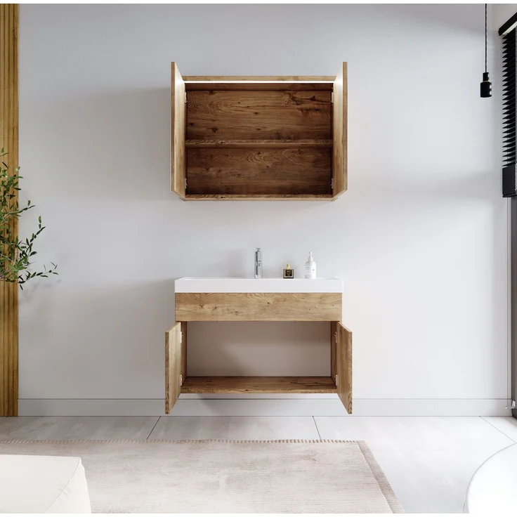 Badplaats Badmöbel Komplettset Paso 02 80 x 40 cm Kastanien Eiche - Badezimmermöbel mit Waschbecken und Spiegelschrank – Bild 3
