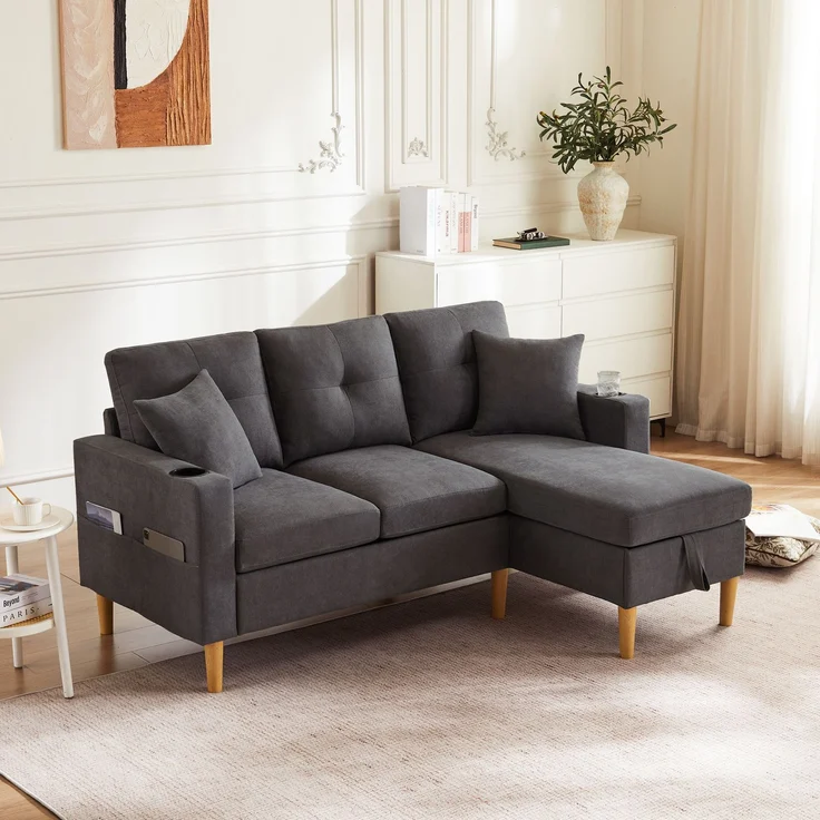 Merax L-förmiges modernes Sofa, 3-Sitzer-Sofa mit Chaiselongue, Stauraum, integriertem Getränkehalter, wird mit 2 Kissen geliefert, Dunkelgrau – Bild 3