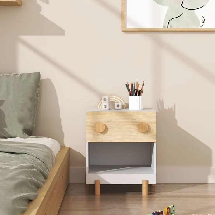 Kindernachttisch Vaarentaa mit Schublade und Ablagefach 47 x 40 x 35 cm Weiß/Eicheoptik [en. casa] – Bild 6