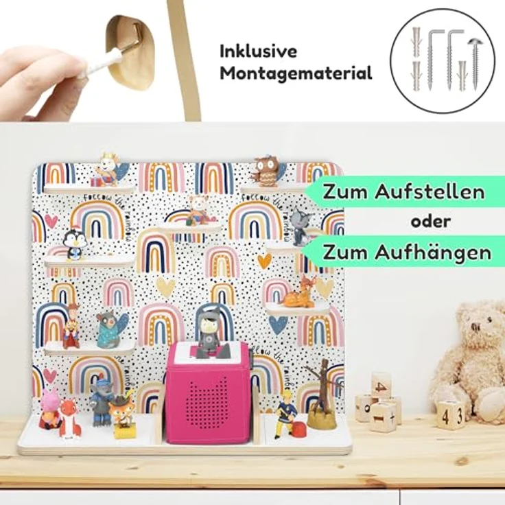 stadtecken Holzregal für Musikbox I Geeignet für die Toniebox und ca. 50 Tonies I Perfekte Tonie Aufbewahrung im Kinderzimmer I Zum Aufstellen oder Aufhängen I Follow The Rainbow, groß – Bild 8