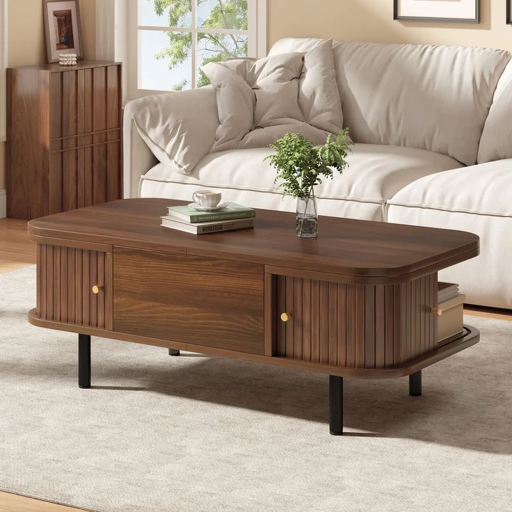 EINHOM Couchtisch Höhenverstellbar 101 x 51 x 52, 5 cm, Walnussholzfarbe 2-in-1 Schreibtisch, 2 Rollladen mit Stauraum, MDF, 4 Tischbeine, Rundkante, Geeignet für Wohnzimmer/Büro/Arbeitszimmer, Tragfähigkeit 75 kg – Bild 1