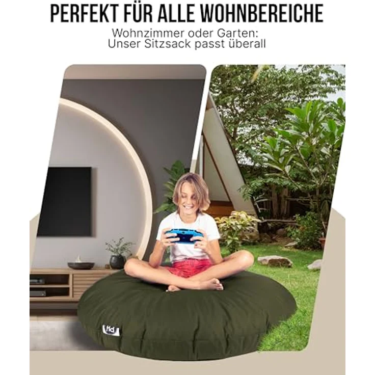 PATCH HOME 2-in-1 Sitzsack Sessel - Gaming Bean Bag mit Reißverschluss - Bereits befüllt, Ergonomisch & Robust für Kinder & Erwachsene - Indoor & Outdoor, Wetterfest (Khaki, 155cm) – Bild 5
