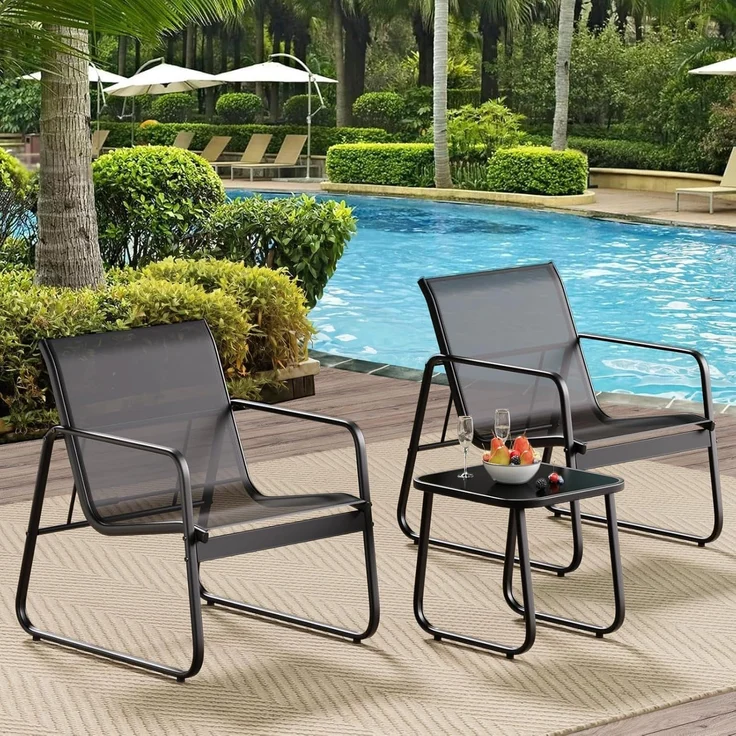Bealife 3-teiliges Balkon-Set, 3-teiliges Bistro-Set aus Textilene-Stoff, 2 Sessel und 1 Tisch aus gehärtetem Glas, für Garten, Terrasse, Balkon – Bild 3