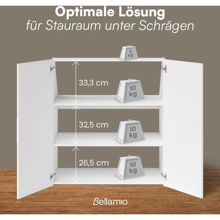 Bellamio 'Aland' Dachschrägenregal mit Türen, weiß, 100x52x90 cm, Schrank für Dachschräge mit 3 Fächern – Bild 6