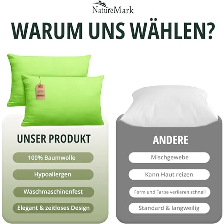 NatureMark 2er Pack Jersey Kissenbezug Kissenhülle Kissenbezüge Seitenschläferkissen Nackenkissen viele Größen und Farben ÖKO-TEX (40x60 cm (Nackenkissen geeignet), Apfel grün) – Bild 8