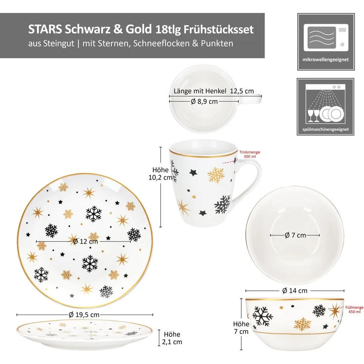 18tlg Frühstücksset Stars schwarz gold Steingut 6 Personen Teller Schale Becher – Bild 6
