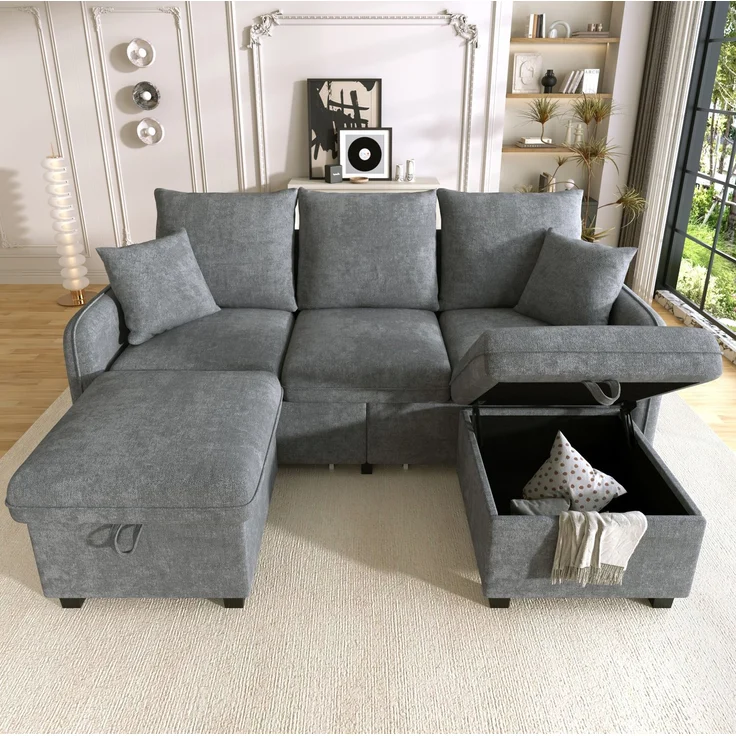 DESVIAE Sofa mit Schlaffunktion, Stauraum und 2 Hockern, Chenille, Dunkelgrau, 188 x 186 x 86 cm – Bild 2