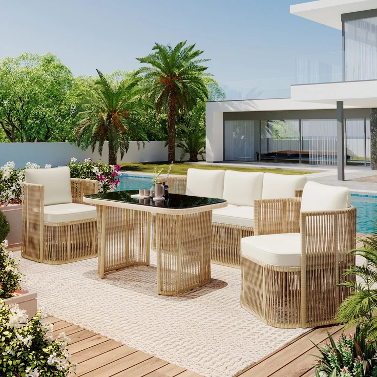 Merax 5-teiliges Gartenmöbel Set, PE Rattan Garten-Loungesessel-Set mit 3-Sitzer Sofa, 2 Sessel & Glastisch – mit Polyester Kissen, Stahlrahmen & gehärteter Glasplatte, Beige – Bild 3