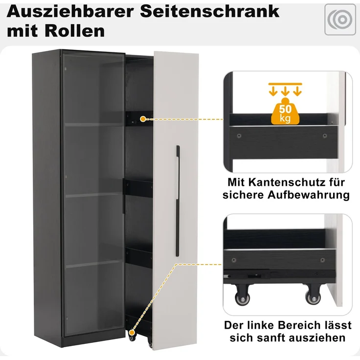 Multifunktionsschrank 160 cm hoch – Bücherregal und Vitrine mit Türen aus gehärtetem Glas, Türrahmen aus Aluminium, 1 Tür, 1 seitliche Schublade, mit Rollen und LED-Beleuchtung – Vitrine, Esszimmersch--Schwarz Weiß--175.01x46x11.51cm--YOUDENOVA – Bild 8