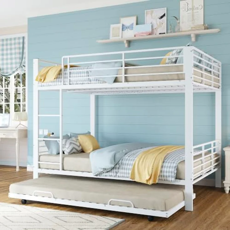FAVSH Etagenbett 140x200 cm für 3 Personen aus Metall, Hochbett mit Rausfallschutz und Leiter, Geräuscharmes Doppelbett, rutschfest, für Jugendliche und Erwachsene, WG & Ferienwohnung, Weiß B – Bild 1