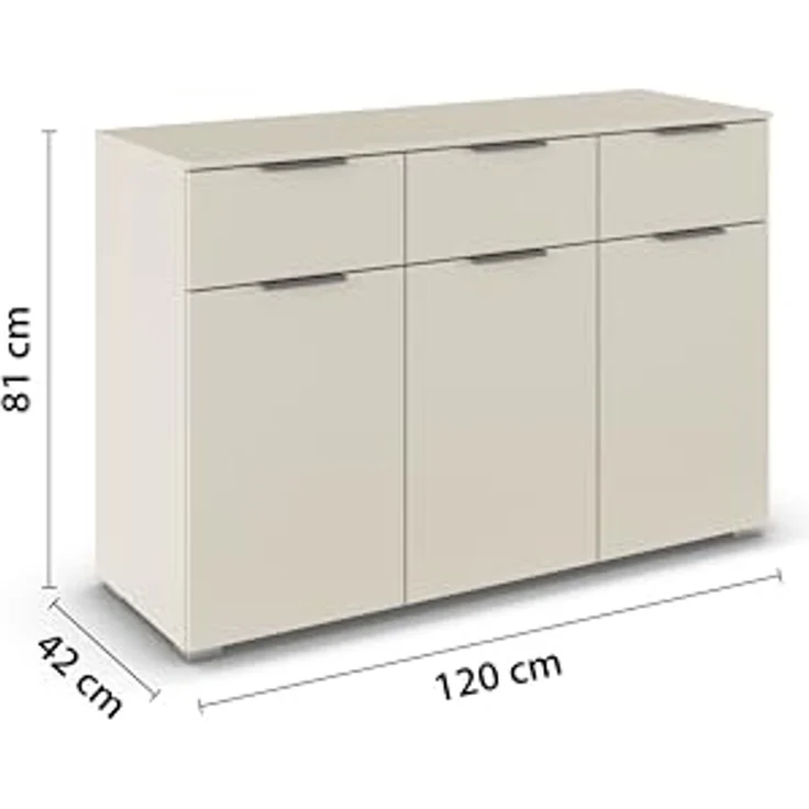 Rauch Möbel Alabama, Kommode für Schlafzimmer, Kinderzimmer, Garderobe, Flur, 3-türig, mit 3 Schubladen, Soft-Close-Funktion, Farbe Beige, Griff Grau metallic, Schwarz, Maße 120 x 81 x 42 cm – Bild 3