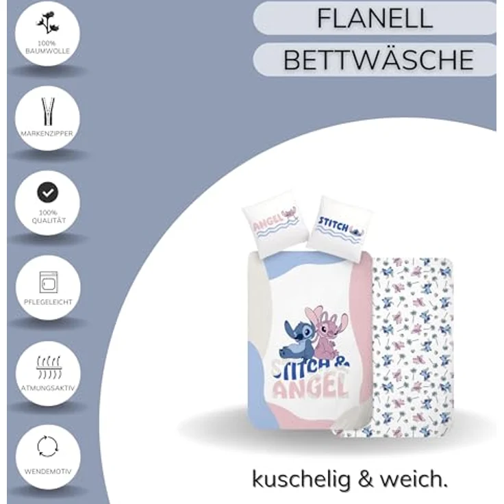 MTOnlinehandel Bettwäsche Biber, Lilo & Stitch "Wave" in 135x200 + 80x80 cm, Disney, 100% Baumwolle, 2 teilig, Wende-Motiv kuschelig und warm – Bild 4