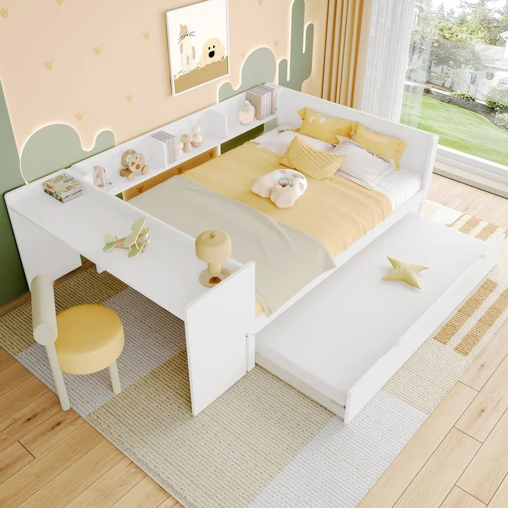 Multifunktionales Holzbett 140×200 cm mit Schreibtisch, ausziehbarem Rollbett & Regalen – platzsparendes Doppelbett – Bild 1