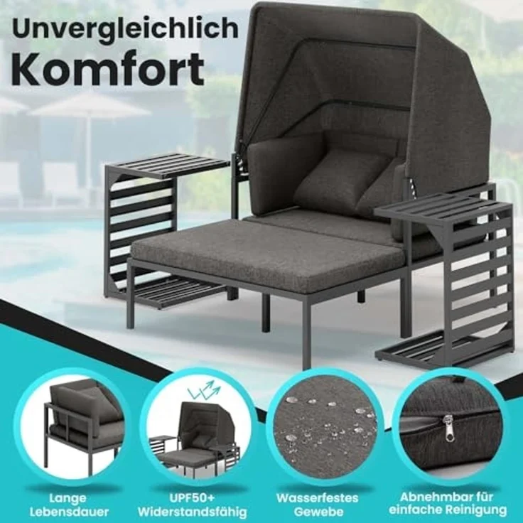 Melko Gartenlounge-Set Sonneninsel inkl. Sonnendach Strandkorb Sonnenliege Aluminium Grau, (wetterfest, resistent gegen Regen, Salzwasser und intensive Sonneneinstrahlung, inkl. 2 extra dicke und weiche Kissen inkl. Reißverschluss), 2 Beistelltischen u... – Bild 6