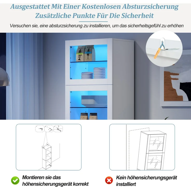 60*40*173cm Schrank,Vitrine ausSchranktür aus Acryl, Vitrine Hochglanz Lagerschrank mit LED-Beleuchtung, 3 Glasboden, Highboard, Wohnzimmerschrank, Aufbewahrungsschrank, Hochschrank, Sofaschrank,Weiß – Bild 7