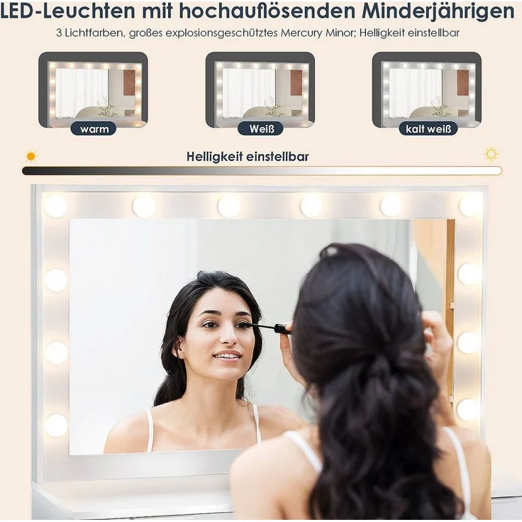 oyajia Schminktisch Kosmetiktisch mit Spiegel und Hocker, Kosmetikspiegel und 5 Schubladen (Make-up Tisch mit 5 Schubladen und 3 offene Ablagen, mit USB-Anschluss), Frisierkommode mit LED Beleuchtung,Schlafzimmermöbel Vanity Set – Bild 3