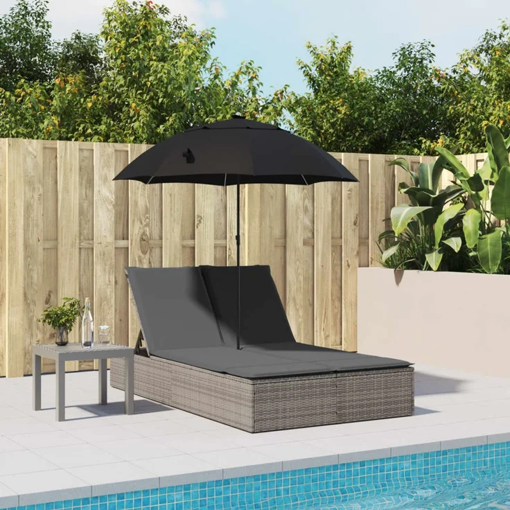 Doppel-Sonnenliege, Gartenliege mit Kissen & Sonnenschirm Grau Poly Rattan – Bild 3
