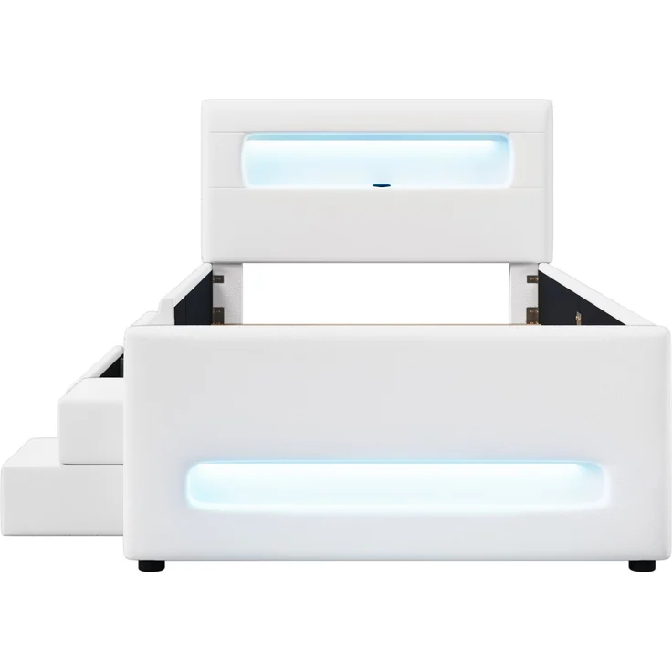 Polsterbett mit Treppe, LED & Schublade, 90x200 cm, Weiß, ohne Matratze – Bild 7