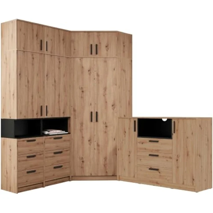 Marmex Möbel Grant Set-35A Schranksystem mit mit Aufsätzen und Kommode für Schlafzimmer, Garderoben-Set, Schlafzimmer-Set, laminierte Spanplatte, artisan Eiche + schwarz, 228/195 x 235 x 40 cm – Bild 1