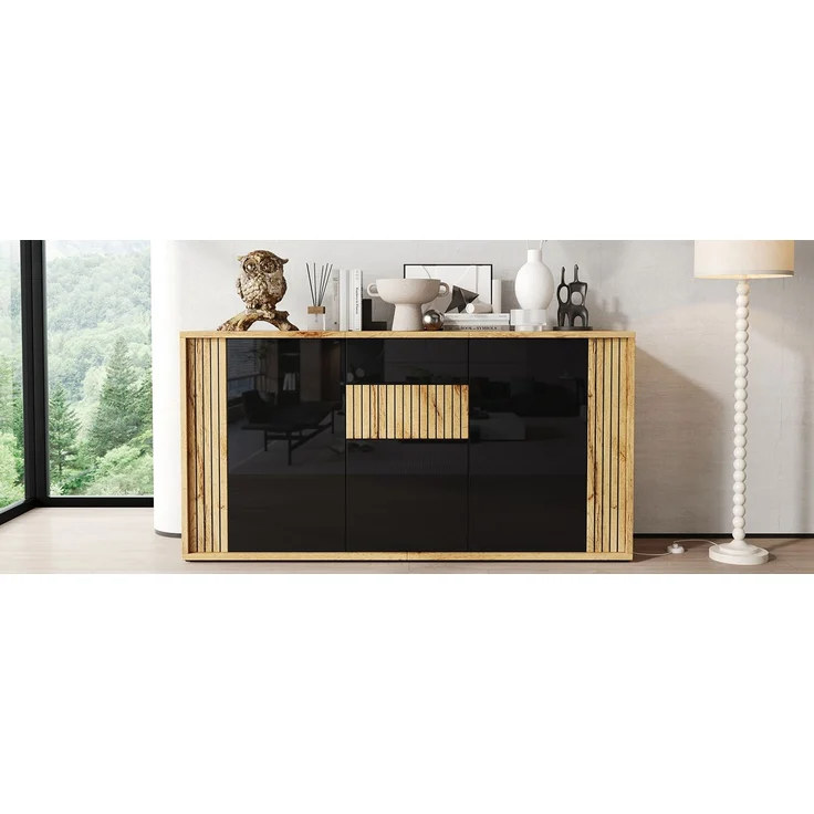 ZUBALIYA Sideboard 140x35x71 cm, mit 3 Türen, aus MDF / Spanplatte, Schwarz / Natur – Bild 13