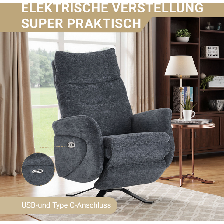 HOME NATURE WOHNKONZEPT Elektrischer Relaxsessel mit USB-Anschluss, elektrisch verstellbarer TV-Sessel mit Liegefunktion, Chenille Dunkelgrau, bis 350 kg, FT9207-A – Bild 5