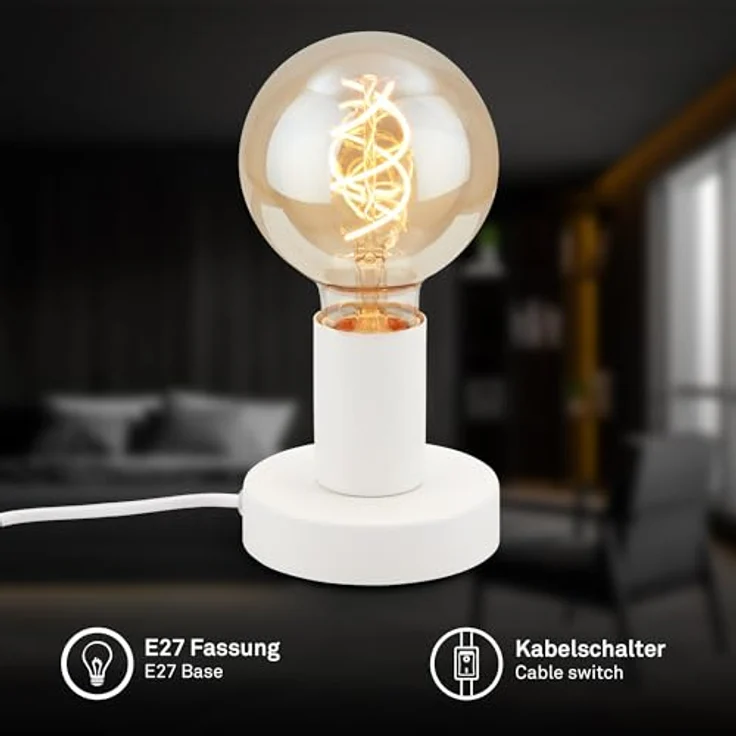 BRILONER - Nachttischlampe Retro mit Kabelschalter, E27 Fassung, max. 10 Watt, Tischlampe vintage, Lampe, Schreibtischlampe, Tischleuchte, Bürolampe, Leselampe Bett, Leselicht, 10x9 cm, Weiß – Bild 3