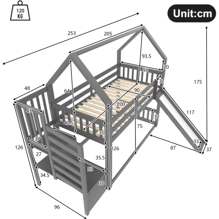 CHICFURN Etagenbett aus Kiefernholz und MDF Grau 90x200 cm mit Rutsche und Stauraumtreppe – Bild 9