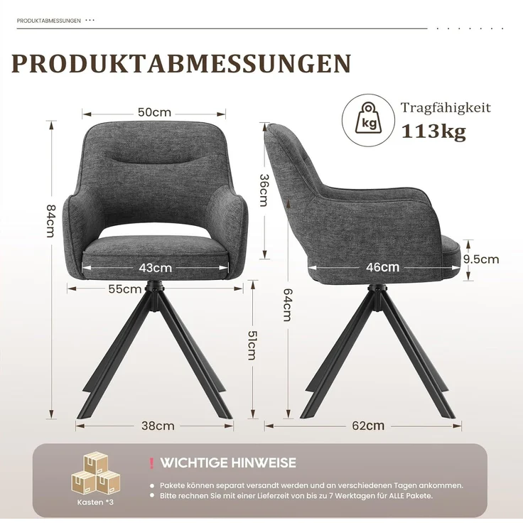 COLAMY Drehbare Esszimmerstühle 6er Set mit Armlehnen, Drehbare Polsterstühle für Küche & Esszimmer aus weichem Florstoff mit Metallgestell und Rückenlehne, für Esszimmer, Küche, Büro,Grau – Bild 3