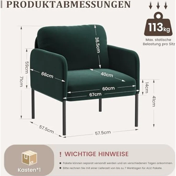 COLAMY Gepolsterter Ohrensessel aus Samt – Moderner Lounge-Sessel mit weicher Rückenlehne, Komfortabler Sessel für Wohnzimmer, Schlafzimmer, Apartment & Leseecke, Grün – Bild 3