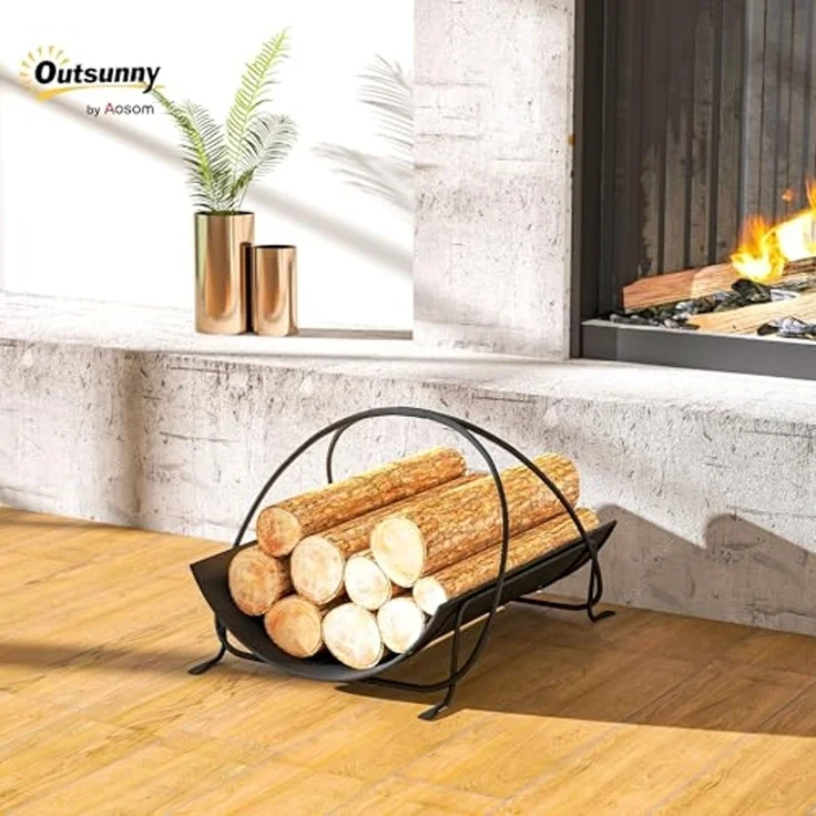 Outsunny Kaminholzregal mit Griff, erhöhte, BxTxH:38x51x33 cm, (Kaminholzständer für innen, 1-St, geometrische Brennholzregal), 51 x 38 x 33cm aus Metall, Schwarz – Bild 2