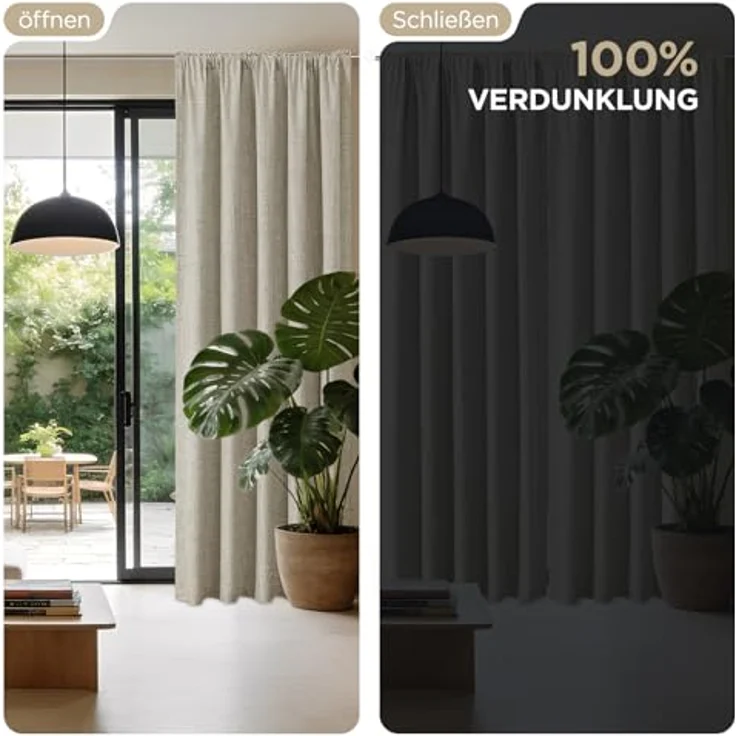 Joydeco 100% Verdunkelungsvorhänge Leinen Gardinen mit Kräuselband 2er Set H225xB140cm Leinen, Thermovorhang Kälteschutz Blickdicht Schallschutz Ideal für Wohnzimmer passt zu Schienensystemen – Bild 7