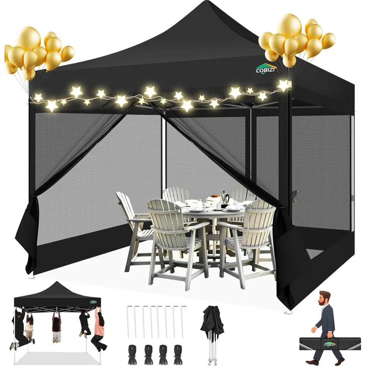 COBIZI Pavillon 3x3 Faltpavillon 3x3 Wasserdicht Stabil, Partyzelt Gartenpavillon UV-Schutz mit 4 Seitenwänden aus Mesh,Schwarz