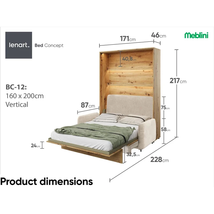 MEBLINI Schrankbett BC-12 - 160x200cm Vertikal - Artisan Eiche/Beige - mit Sofa - Wandbett mit Lattenrost - Klappbett mit Schrank - Wandklappbett - Murphy Bed – Bild 7