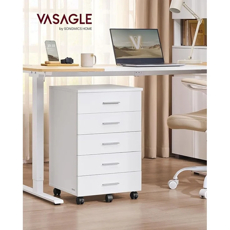 VASAGLE Rollcontainer, mit 5 Schubladen, mit schraubenlosen Gleitschienen, Holz wolkenweiß, 40 x 42 x 65,7 cm – Bild 1