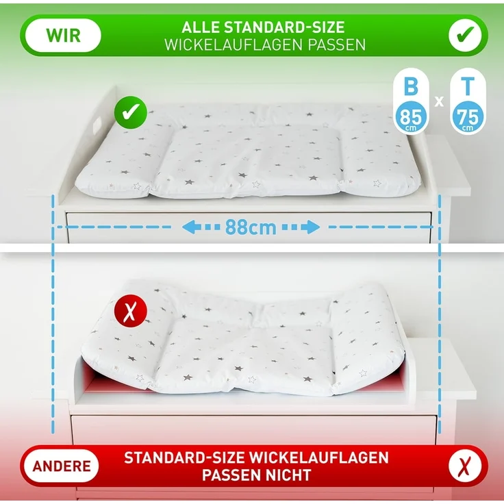 FLIPLINE Wickelaufsatz Hemnes HappyBaby weiß [85 x 75 x 13 cm] für IKEA Hemnes Kommode - INKL. 2-Stufen-Sicherheit an Wand und Kommode - Wickeltischaufsatz 100% sicher – Bild 4