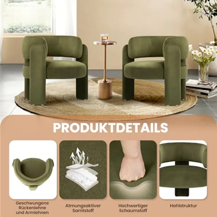 COLAMY Modern Velvet Ohrensessel 2er Set, Gepolsterter Sessel Wohnzimmer, Bequemer Runder loungesessel mit 3 Beinen für Wohnzimmer, Schlafzimmer, Leseecke, Grün – Bild 4